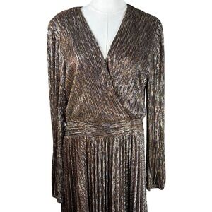 Halogen Metallic Pleated Maxi Dress XL Bronze Silver Wrap V-Neck HA309028MI